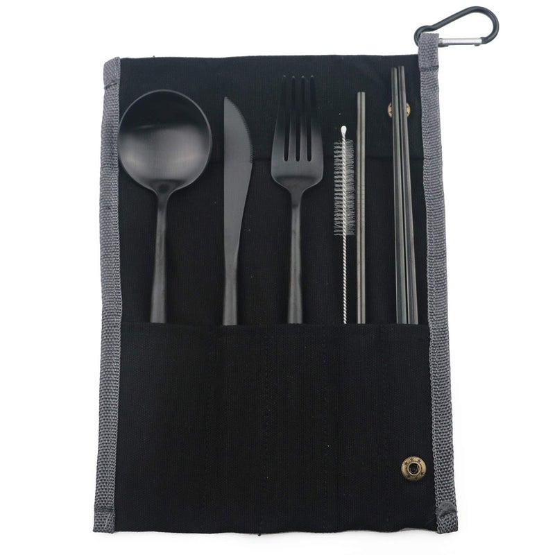 JANKNG Portable 6 Pieces Flatware Set, 304 Stainless Steel Knife, Fork, Spoon, Chopsticks, Metal Straw, Cleaning Brush, Durable Travel Cutlery Set, Black Pouch Bag, Black - Image 2